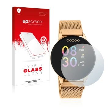 Vorderseite einer Produktverpackung mit dem Markenlogo upscreen. Daneben ist das Gerät Oozoo Q00117 mit dem zugehörigen Displa