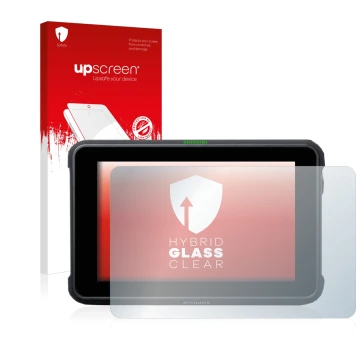 Vorderseite einer Produktverpackung mit dem Markenlogo upscreen. Daneben ist das Gerät Atomos Shinobi 7 mit dem zugehörigen Di