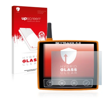 Vorderseite einer Produktverpackung mit dem Markenlogo upscreen. Daneben ist das Gerät Skytraxx 4.0 mit dem zugehörigen Displa