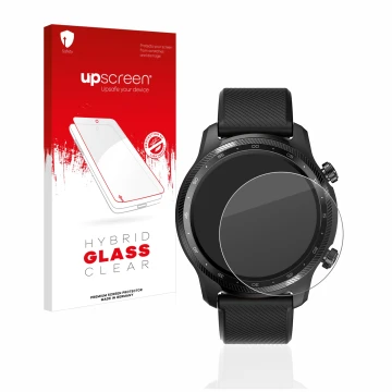 Vorderseite einer Produktverpackung mit dem Markenlogo upscreen. Daneben ist das Gerät Mobvoi Ticwatch Pro 3 Ultra GPS mit dem