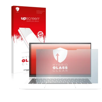 Vorderseite einer Produktverpackung mit dem Markenlogo upscreen. Daneben ist das Gerät HP EliteBook x360 1030 G7 mit dem zugeh