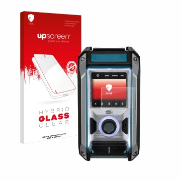 Vorderseite einer Produktverpackung mit dem Markenlogo upscreen. Daneben ist das Gerät Makita DMR115 mit dem zugehörigen Displ