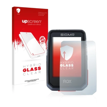 Vorderseite einer Produktverpackung mit dem Markenlogo upscreen. Daneben ist das Gerät Sigma ROX 2.0 mit dem zugehörigen Displ