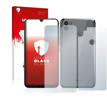 Vorderseite einer Produktverpackung mit dem Markenlogo upscreen. Daneben ist das Gerät Gigaset GS5 (Display+Rückseite) mit dem