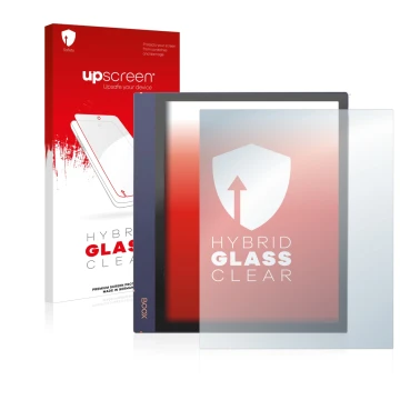 Vorderseite einer Produktverpackung mit dem Markenlogo upscreen. Daneben ist das Gerät Boox Note Air 2 mit dem zugehörigen Dis