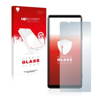 Vorderseite einer Produktverpackung mit dem Markenlogo upscreen. Daneben ist das Gerät Sony Xperia Pro-I mit dem zugehörigen D