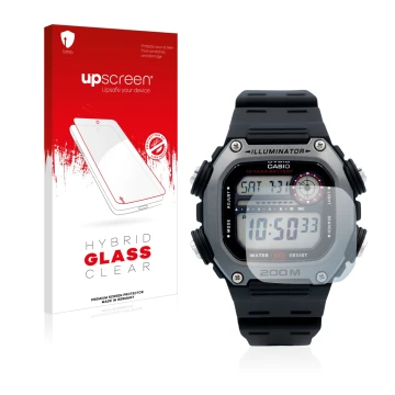 Vorderseite einer Produktverpackung mit dem Markenlogo upscreen. Daneben ist das Gerät Casio DW-291H mit dem zugehörigen Displ