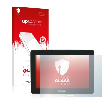 Vorderseite einer Produktverpackung mit dem Markenlogo upscreen. Daneben ist das Gerät Trimble GFX-750 mit dem zugehörigen Dis