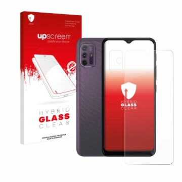 Vorderseite einer Produktverpackung mit dem Markenlogo upscreen. Daneben ist das Gerät Motorola Moto G10 (Display+Kamera) mit 
