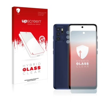 Vorderseite einer Produktverpackung mit dem Markenlogo upscreen. Daneben ist das Gerät Motorola Moto G60S (Display+Kamera) mit