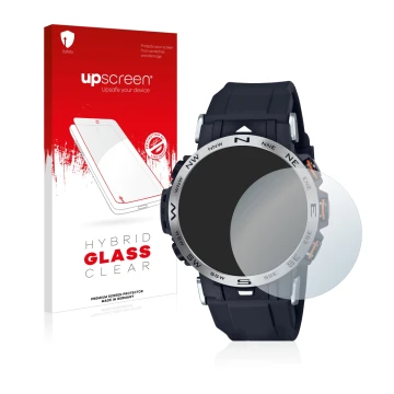 Vorderseite einer Produktverpackung mit dem Markenlogo upscreen. Daneben ist das Gerät Casio Pro Trek PRW-30-1AER mit dem zuge