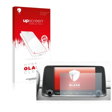 Vorderseite einer Produktverpackung mit dem Markenlogo upscreen. Daneben ist das Gerät Hyundai Kona 2021 Infotainment System 8