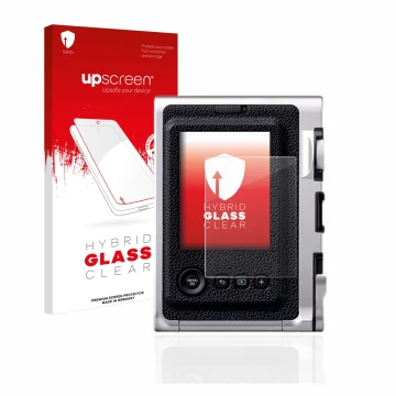 Vorderseite einer Produktverpackung mit dem Markenlogo upscreen. Daneben ist das Gerät Fujifilm Instax Mini Evo mit dem zugehö