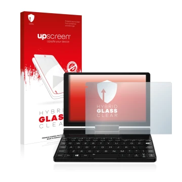 Vorderseite einer Produktverpackung mit dem Markenlogo upscreen. Daneben ist das Gerät GPD Pocket 3 mit dem zugehörigen Displa