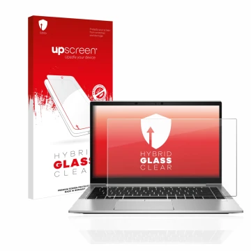 Vorderseite einer Produktverpackung mit dem Markenlogo upscreen. Daneben ist das Gerät HP EliteBook 840 G8 mit dem zugehörigen