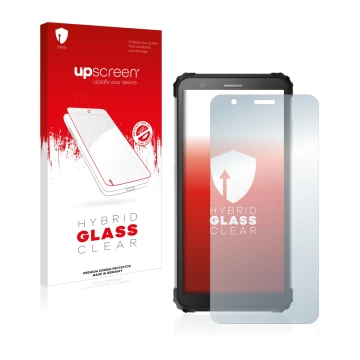 Vorderseite einer Produktverpackung mit dem Markenlogo upscreen. Daneben ist das Gerät Blackview BV6600 Pro mit dem zugehörige