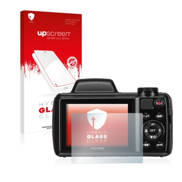 Vorderseite einer Produktverpackung mit dem Markenlogo upscreen. Daneben ist das Gerät Kodak Pixpro AZ525 mit dem zugehörigen 