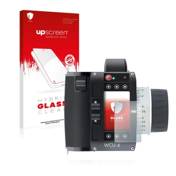 Vorderseite einer Produktverpackung mit dem Markenlogo upscreen. Daneben ist das Gerät Arri WCU-4 mit dem zugehörigen Displays