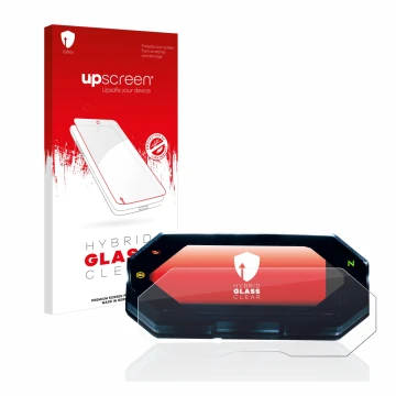 Vorderseite einer Produktverpackung mit dem Markenlogo upscreen. Daneben ist das Gerät Yamaha MT-07 2021 mit dem zugehörigen D