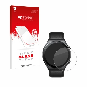 Vorderseite einer Produktverpackung mit dem Markenlogo upscreen. Daneben ist das Gerät Xiaomi Watch S1 mit dem zugehörigen Dis