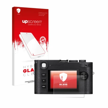 Vorderseite einer Produktverpackung mit dem Markenlogo upscreen. Daneben ist das Gerät Leica M11 mit dem zugehörigen Displaysc