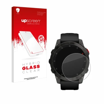 Vorderseite einer Produktverpackung mit dem Markenlogo upscreen. Daneben ist das Gerät Garmin epix (Gen. 2) mit dem zugehörige