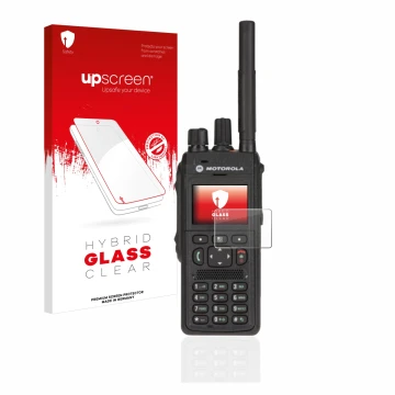 Vorderseite einer Produktverpackung mit dem Markenlogo upscreen. Daneben ist das Gerät Motorola MTP3550 mit dem zugehörigen Di