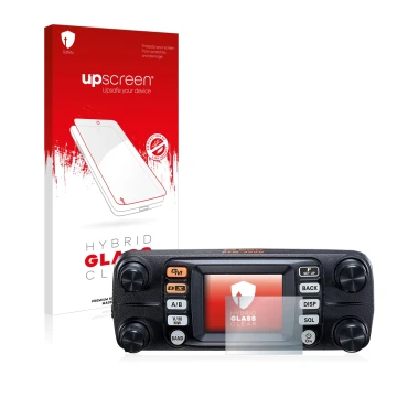 Vorderseite einer Produktverpackung mit dem Markenlogo upscreen. Daneben ist das Gerät Yaesu FTM-300DE mit dem zugehörigen Dis