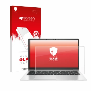 Vorderseite einer Produktverpackung mit dem Markenlogo upscreen. Daneben ist das Gerät HP EliteBook 850 G8 mit dem zugehörigen