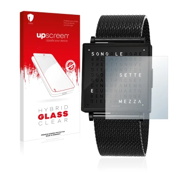 Vorderseite einer Produktverpackung mit dem Markenlogo upscreen. Daneben ist das Gerät Qlocktwo W35 mit dem zugehörigen Displa