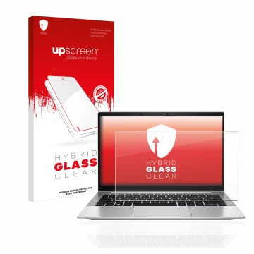 Vorderseite einer Produktverpackung mit dem Markenlogo upscreen. Daneben ist das Gerät HP EliteBook 830 G8 mit dem zugehörigen