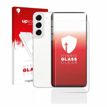 Vorderseite einer Produktverpackung mit dem Markenlogo upscreen. Daneben ist das Gerät Samsung Galaxy S22 5G (Display+Kamera) 