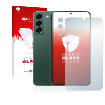 Vorderseite einer Produktverpackung mit dem Markenlogo upscreen. Daneben ist das Gerät Samsung Galaxy S22 Plus 5G (Display+Kam