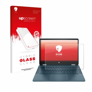 Vorderseite einer Produktverpackung mit dem Markenlogo upscreen. Daneben ist das Gerät HP Chromebook x360 (14b-cbX) mit dem zu