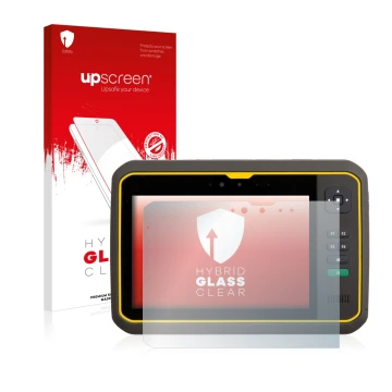 Vorderseite einer Produktverpackung mit dem Markenlogo upscreen. Daneben ist das Gerät Trimble T7 mit dem zugehörigen Displays