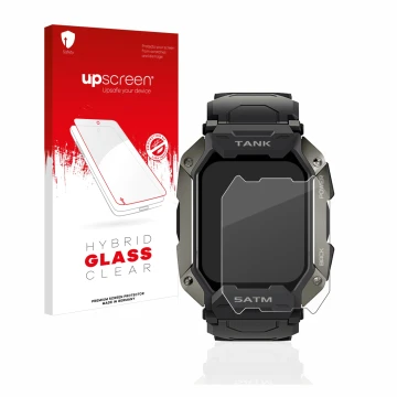 Vorderseite einer Produktverpackung mit dem Markenlogo upscreen. Daneben ist das Gerät Kospet Tank M1 mit dem zugehörigen Disp