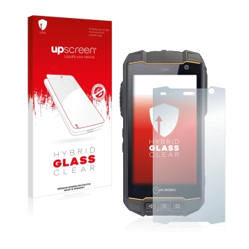 Vorderseite einer Produktverpackung mit dem Markenlogo upscreen. Daneben ist das Gerät i.safe MOBILE IS530.2 mit dem zugehörig