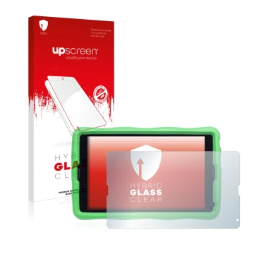 Vorderseite einer Produktverpackung mit dem Markenlogo upscreen. Daneben ist das Gerät MEDION Lifetab E10440 Kids mit dem zuge