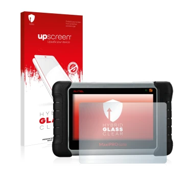 Vorderseite einer Produktverpackung mit dem Markenlogo upscreen. Daneben ist das Gerät Autel MaxiPRO MP808TS mit dem zugehörig