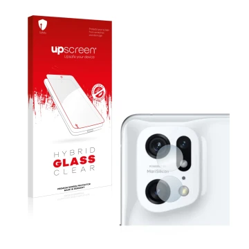 Vorderseite einer Produktverpackung mit dem Markenlogo upscreen. Daneben ist das Gerät Oppo Find X5 Pro (NUR Kameraschutz) mit