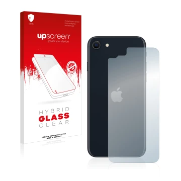 Vorderseite einer Produktverpackung mit dem Markenlogo upscreen. Daneben ist das Gerät Apple iPhone SE 3 2022 (Rückseite) mit 