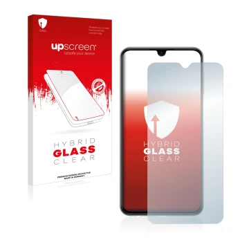 Vorderseite einer Produktverpackung mit dem Markenlogo upscreen. Daneben ist das Gerät Samsung Galaxy M33 mit dem zugehörigen 