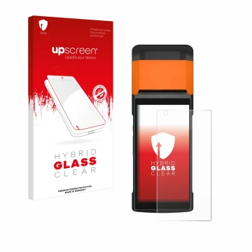 Vorderseite einer Produktverpackung mit dem Markenlogo upscreen. Daneben ist das Gerät Sunmi V2s mit dem zugehörigen Displaysc