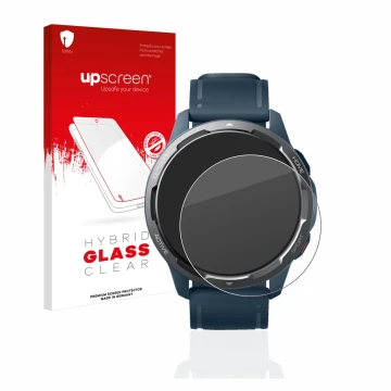 Vorderseite einer Produktverpackung mit dem Markenlogo upscreen. Daneben ist das Gerät Xiaomi Watch S1 Active mit dem zugehöri