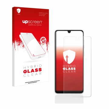Vorderseite einer Produktverpackung mit dem Markenlogo upscreen. Daneben ist das Gerät Samsung Galaxy A33 5G mit dem zugehörig