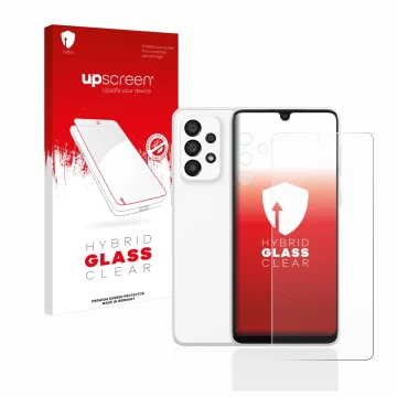 Vorderseite einer Produktverpackung mit dem Markenlogo upscreen. Daneben ist das Gerät Samsung Galaxy A33 5G (Display+Kamera) 