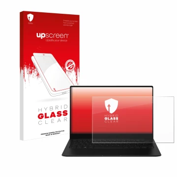 Vorderseite einer Produktverpackung mit dem Markenlogo upscreen. Daneben ist das Gerät Samsung Galaxy Book2 Pro 13.3