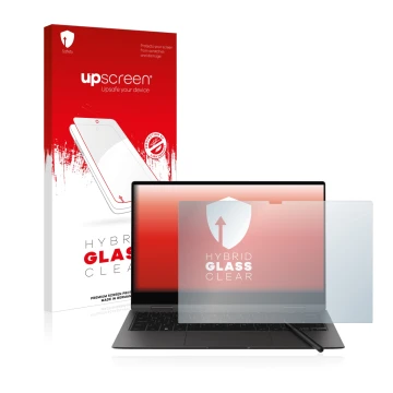 Vorderseite einer Produktverpackung mit dem Markenlogo upscreen. Daneben ist das Gerät Samsung Galaxy Book2 Pro 360 13.3