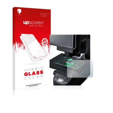 Vorderseite einer Produktverpackung mit dem Markenlogo upscreen. Daneben ist das Gerät Keyence IM-7030 Glasplatte mit dem zuge