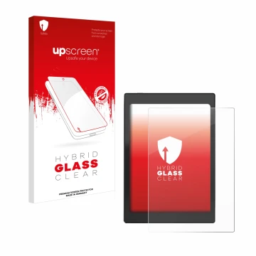 Vorderseite einer Produktverpackung mit dem Markenlogo upscreen. Daneben ist das Gerät Boox Nova Air C mit dem zugehörigen Dis